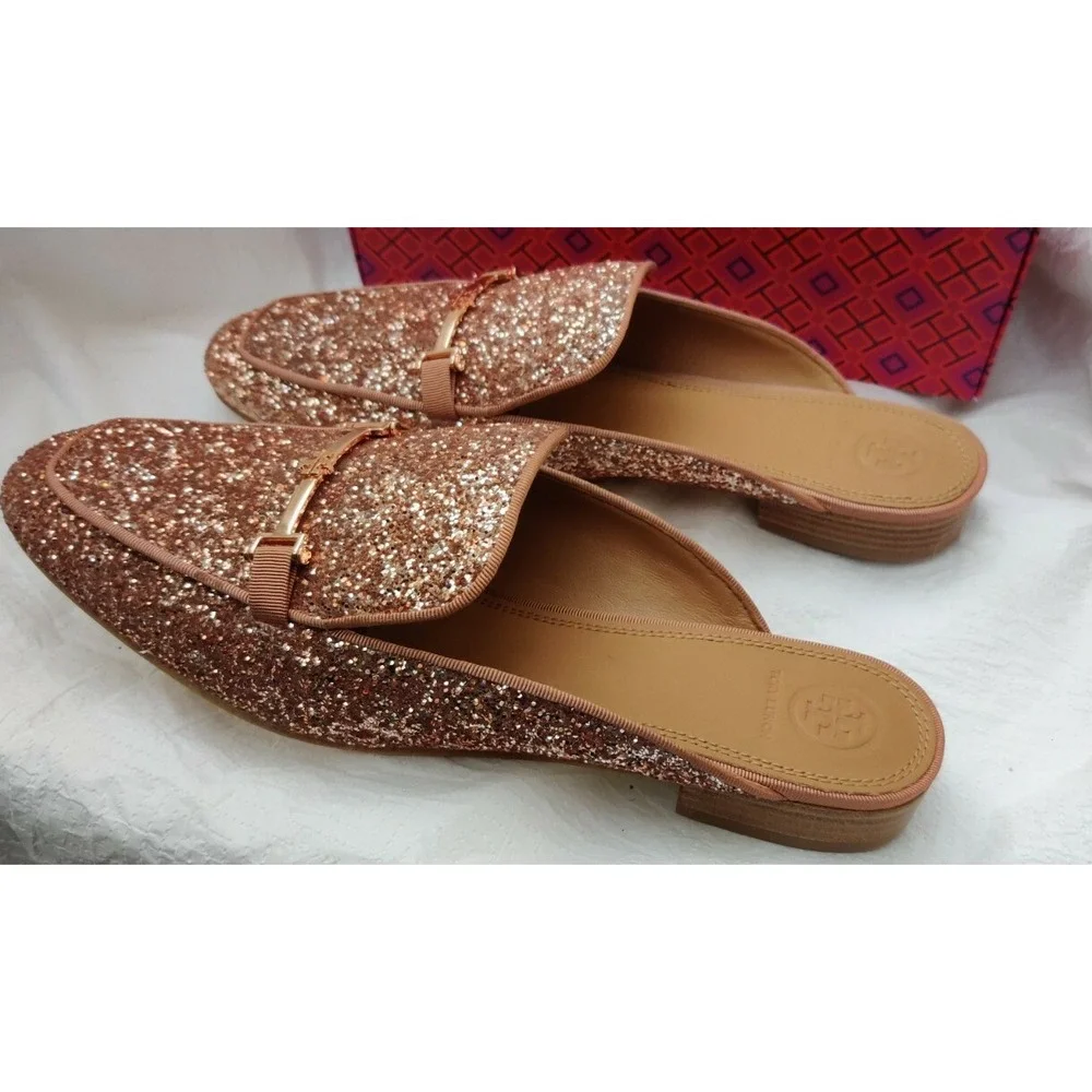 NEW Tory Burch Amelia‎ Backless Loafer Glitter Rose Gold Size 11 M
